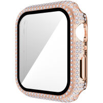 Futrola sa kamenčićima i kaljenim staklom za Apple Watch 38mm - ružičasto-zlatna