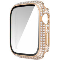 Futrola sa kamenčićima i kaljenim staklom za Apple Watch 45mm - ružičasto-zlatna