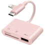 3u1 redukcija s čitačem kartica - slot za SD / TF karticu / USB-A na USB-C / Lightning - ružičasta