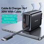 USAMS CC296 GaN set punjača za mobitel s USB-C / USB-A priključcima i uvlačivim USB-C kabelom - 30W - crna