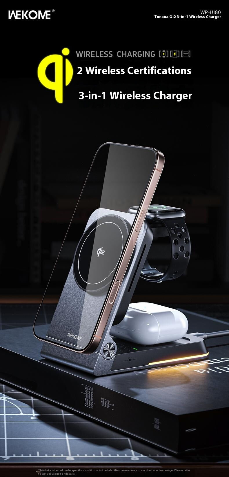 WEKOME WP-U180 Qi2 3u1 sklopivi magnetski bežični stalak za iPhone / Apple Watch / AirPods - 15W - sivi