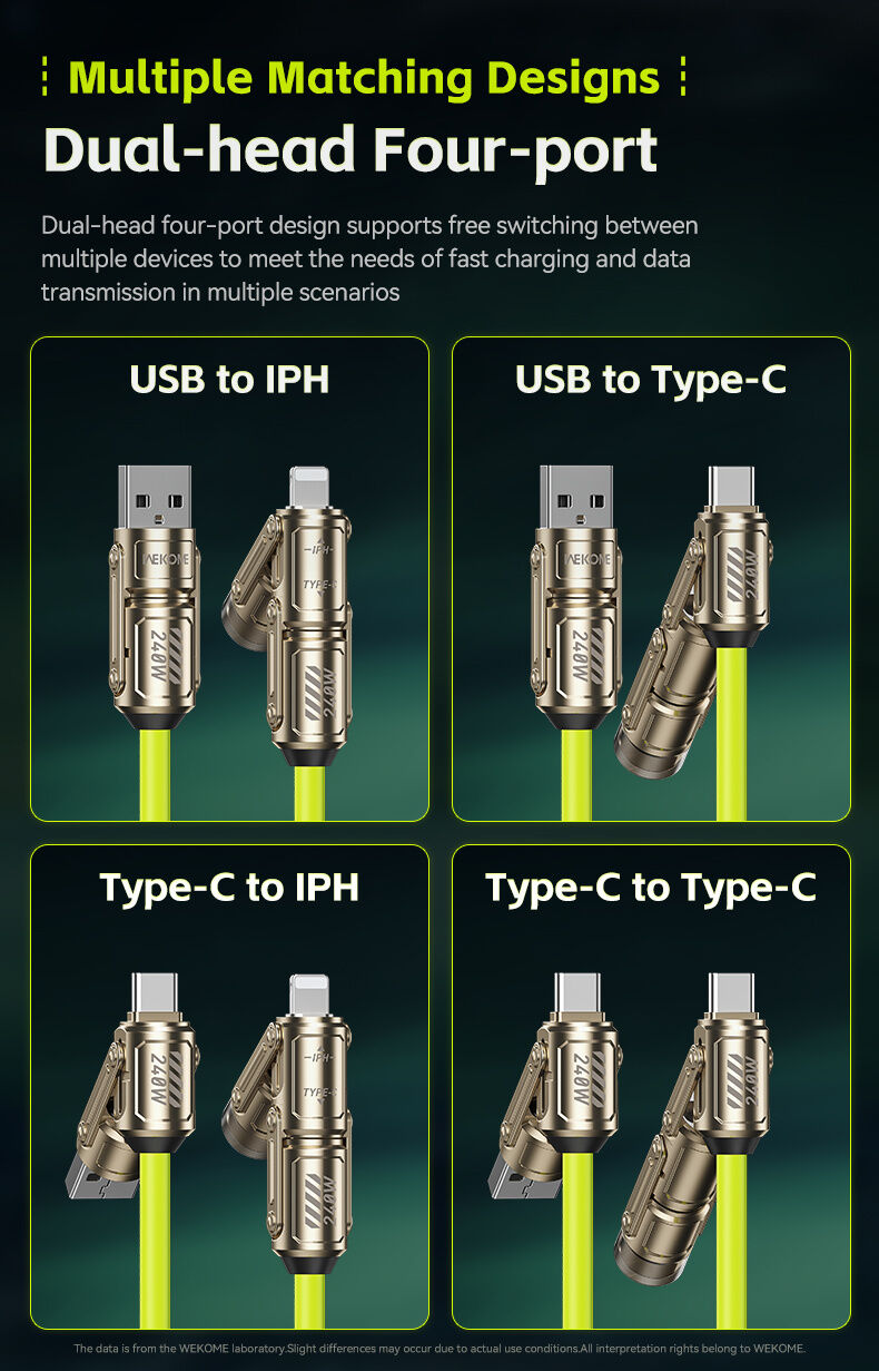 WEKOME WDC-80 2u1 spiralni kabel za punjenje i prijenos podataka - USB-C / USB-A na USB-C / Lightning - 1,8 m - neonsko zeleni