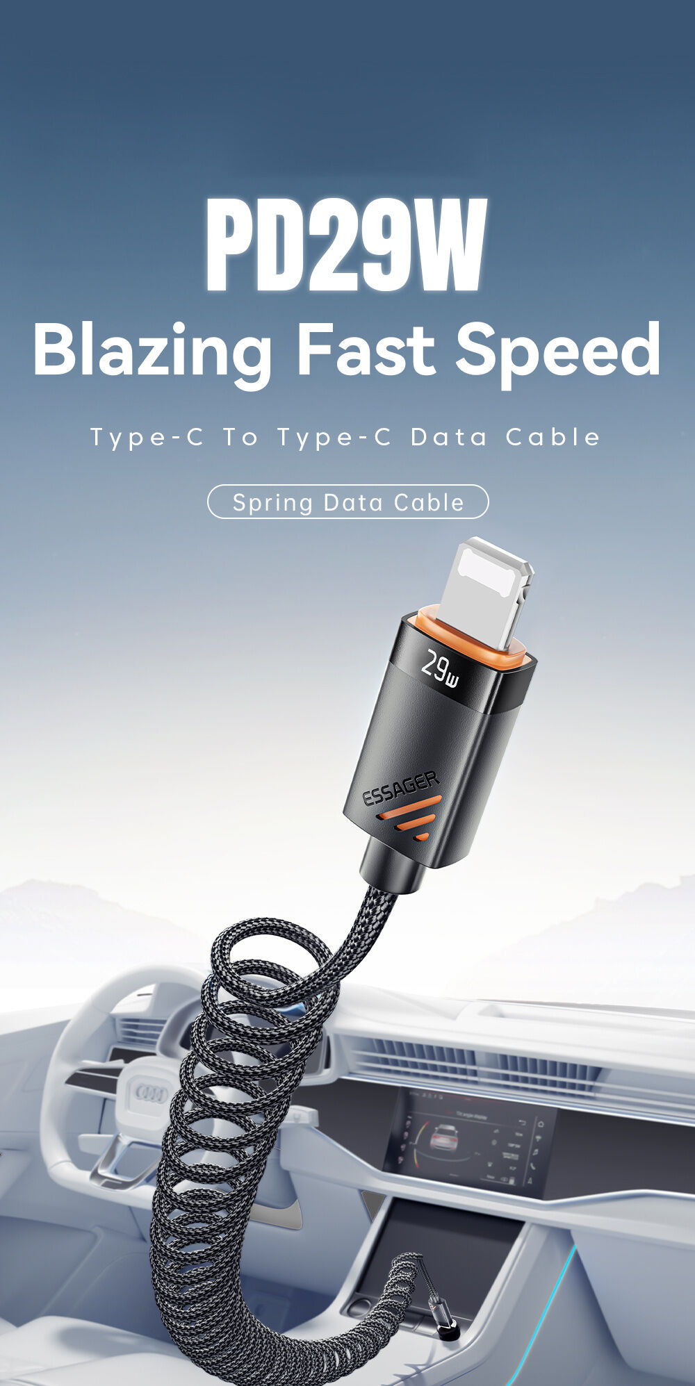 ESSAGER spiralni pleteni kabel za punjenje i prijenos podataka - USB-C na Lightning - 1,8 m - crni
