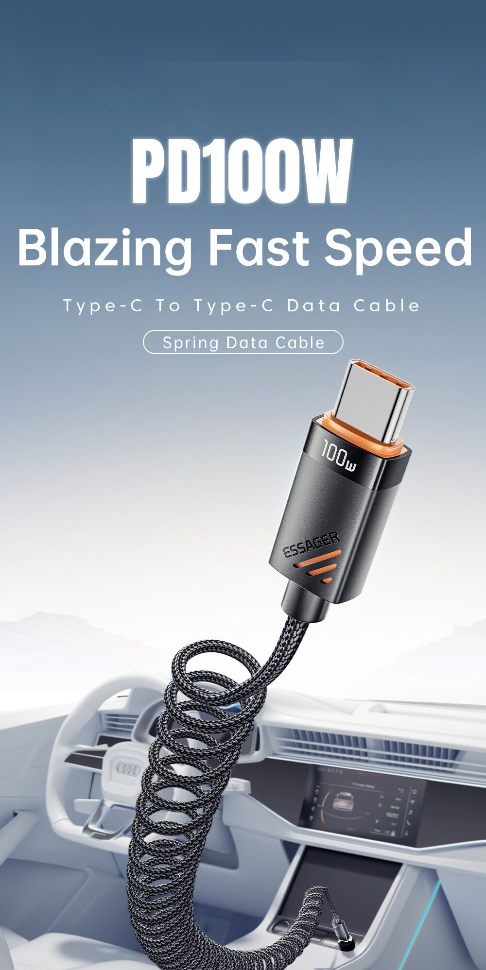 ESSAGER spiralni pleteni kabel za punjenje i prijenos podataka - USB-C na USB-C - 1,8 m - crni