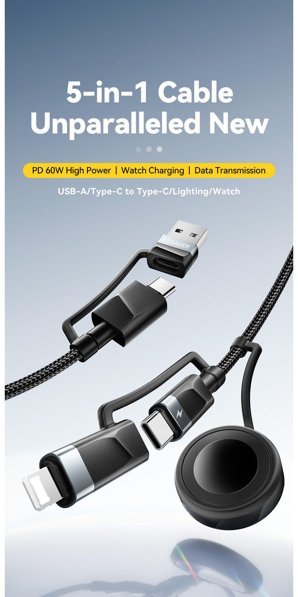 ESSAGER 3u1 univerzalni pleteni Kabel za punjenje i prijenos podataka - USB-C / USB-A na magnetski disk / USB-C / Lightning - 2 m - crni