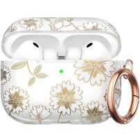 AhaStyle prozirna maskica s cvjetnim uzorkom i karabinerom za AirPods Pro 3 - bijelozlatna