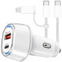 P78 set auto punjača s portovima USB-C / USB-A i kabela USB-C na USB-C / Lightning - 55W - 1 m - bijela