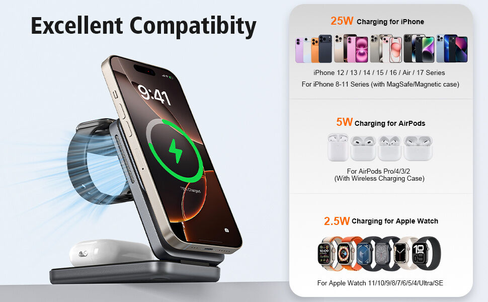 Q29 Qi2.2 3v1 sklopivi magnetni bežični stalak za iPhone / Apple Watch / AirPods - 25W - bijeli