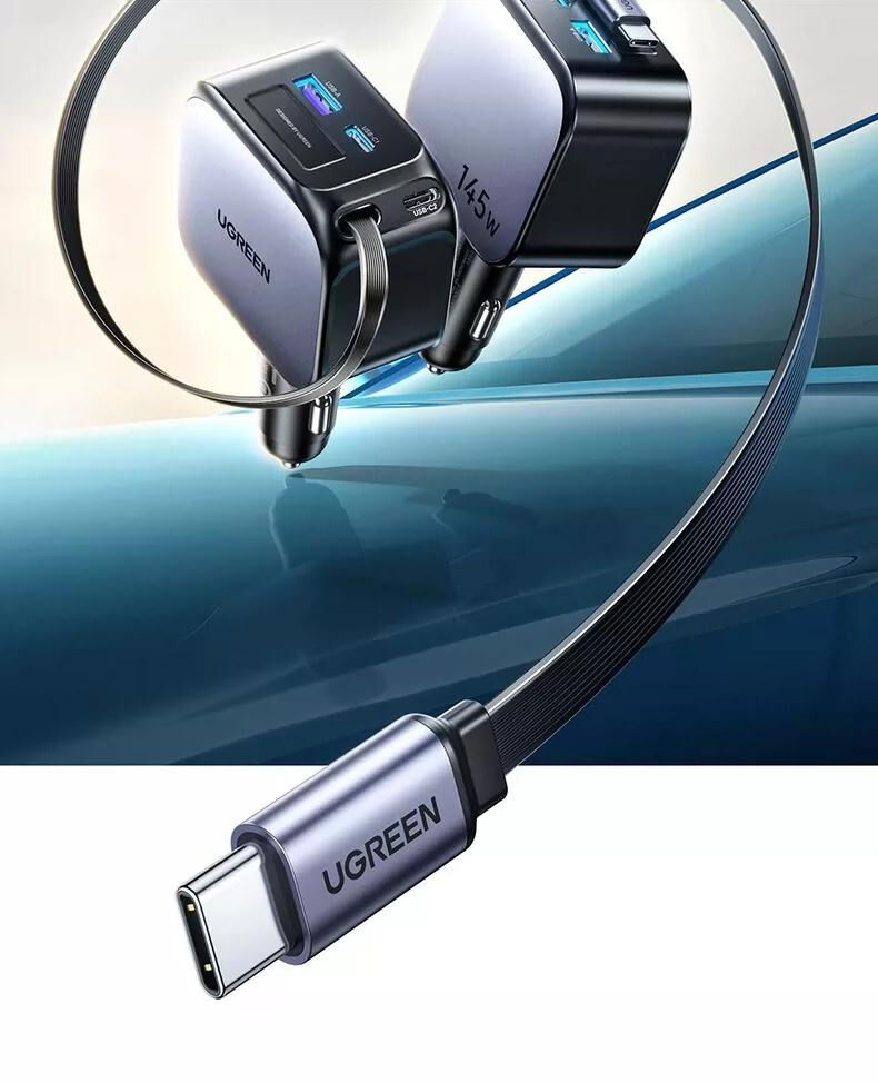 UGREEN EC604 komplet auto punjača s portovima 2x USB-C / USB-A i izvlačnog USB-C Kabel - 145W - 70 cm - siva