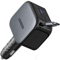 UGREEN EC604 komplet auto punjača s portovima 2x USB-C / USB-A i izvlačnog USB-C Kabel - 145W - 70 cm - siva