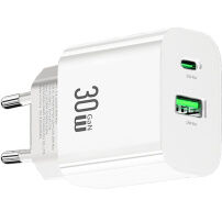USAMS CC316 GaN punjač za mobitel za brzo punjenje s portovima USB-C / USB-A - 30W - bijeli